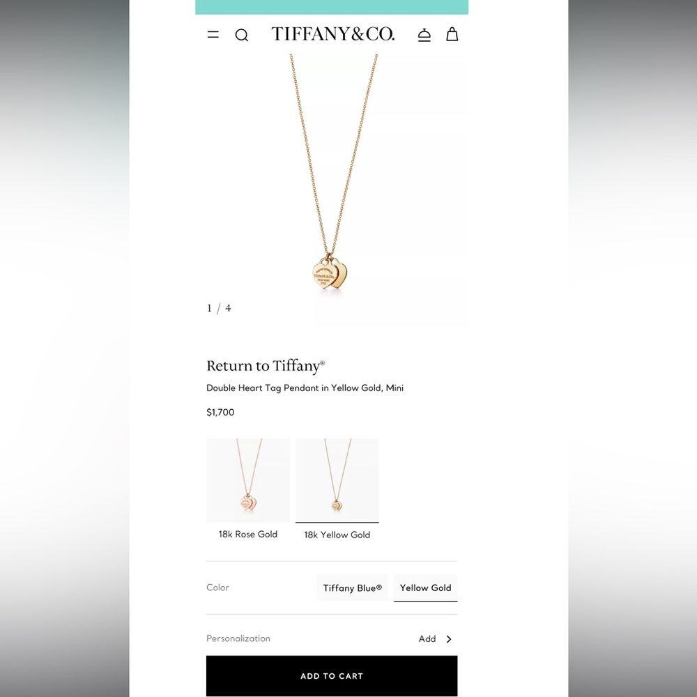 Return to Tiffany Collection; Double Heart Tag Pendant in 18k Yellow Gold, mini
